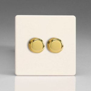 VARILIGHT PRIMED WHITE SCREWLESS 2G 2W LED DIMMER BRASS KNOBS