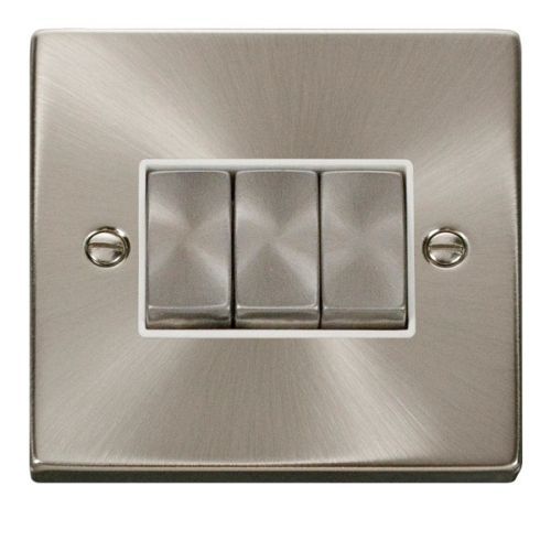 CLICK DECO VICTORIAN SATIN CHROME INGOT 10A 3-GANG 2 WAY SWITCH (WHITE INSERT)