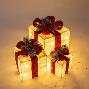 3 SET LED LIGHT UP XMAS GIFT BOXES WITH RED BOWS