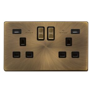 CLICK DEFINITY COMPLETE 13A INGOT 2 GANG SWITCHED SOCKET WITH 2.1A USB OUTLETS - ANTIQUE BRASS COVER PLATE - BLACK INSERT