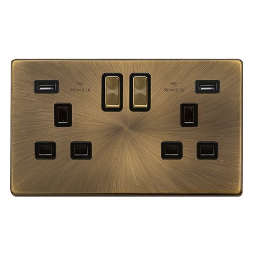 CLICK DEFINITY COMPLETE 13A INGOT 2 GANG SWITCHED SOCKET WITH 2.1A USB OUTLETS - ANTIQUE BRASS COVER PLATE - BLACK INSERT