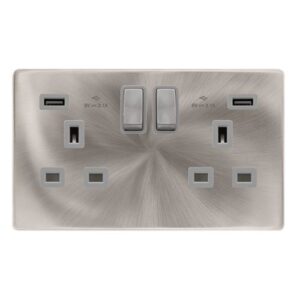 CLICK DEFINITY COMPLETE 13A INGOT 2 GANG SWITCHED SOCKET WITH 2.1A USB OUTLETS - BRUSHED STEEL COVER PLATE - GREY INSERT