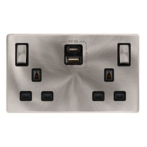 CLICK DEFINITY COMPLETE 13A INGOT 2 GANG SWITCHED SAFETY SHUTTER SOCKET WITH TYPE A & C USB - BRUSHED STEEL COVER PLATE - BLACK INSERT