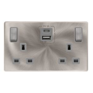 CLICK DEFINITY COMPLETE 13A INGOT 2 GANG SWITCHED SAFETY SHUTTER SOCKET WITH TYPE A & C USB - BRUSHED STEEL COVER PLATE - GREY INSERT