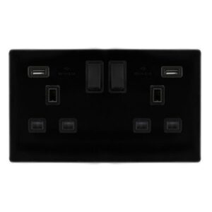 CLICK DEFINITY COMPLETE 13A INGOT 2 GANG SWITCHED SOCKET WITH 2.1A USB OUTLETS - METAL BLACK COVER PLATE - BLACK INSERT