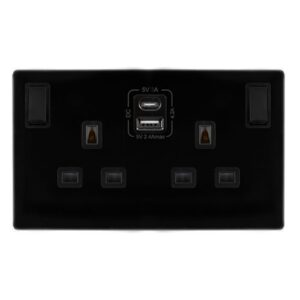 CLICK DEFINITY COMPLETE 13A INGOT 2 GANG SWITCHED SAFETY SHUTTER SOCKET WITH TYPE A & C USB - METAL BLACK COVER PLATE - BLACK INSERT