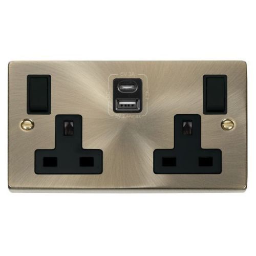 CLICK DECO VICTORIAN ANTIQUE BRASS 2G 13A SW SOCKET 4.2A A&C USB VPAB BLACK