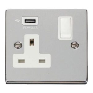 CLICK DECO POLISHED CHROME 1G SOCKET USB 2.1A (P/CH SWI WHT INS)