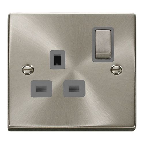 CLICK DECO VICTORIAN SATIN CHROME INGOT 1-GANG 13A DP SWITCH SOCKET (GREY INSERT)