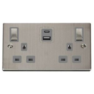 CLICK DECO VICTORIAN STAINLESS STEEL VPSS ING 2G 13A A&C USB SOCKET GREY
