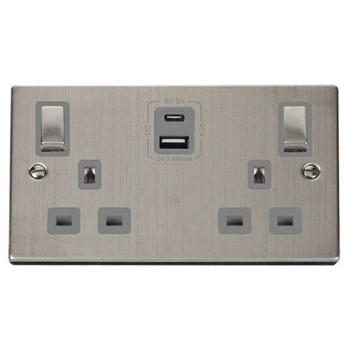 CLICK DECO VICTORIAN STAINLESS STEEL VPSS ING 2G 13A A&C USB SOCKET GREY
