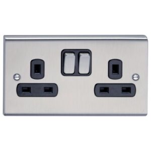 DETA STAINLESS STEEL 2G SWITCHED SOCKET (BLK INS)