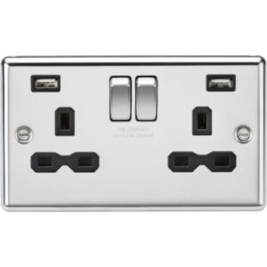 KNIGHTSBRIDGE 13A 2G SWITCHED SOCKET WITH DUAL USB CHARGER A + A (2.4A) - POLISHED CHROME WITH BLACK INSERT