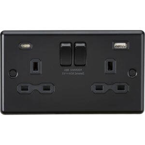 KNIGHTSBRIDGE MATT BLACK ROUNDED EDGE 2G SWITCHED USB (A+C) SOCKET