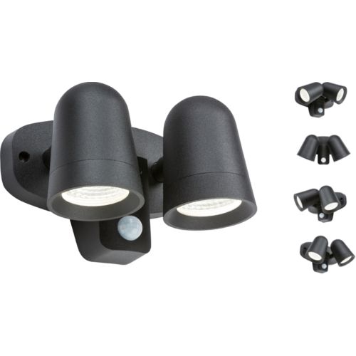 KNIGHTSBRIDGE 230V IP65 18W LED BLACK TWIN SPOT FLOODLIGHT WITH PIR