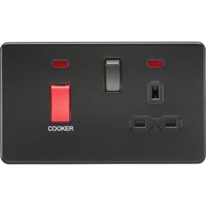 KNIGHTSBRIDGE SCREWLESS 45A DP SWITCH AND 13A SWITCHED SOCKET WITH NEONS - MATT BLACK WITH BLACK INSERT