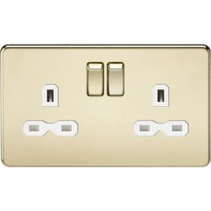 KNIGHTSBRIDGE SCREWLESS 13A 2G DP SWITCHED SOCKET - POLISHED BRASS WITH WHITE INSERT