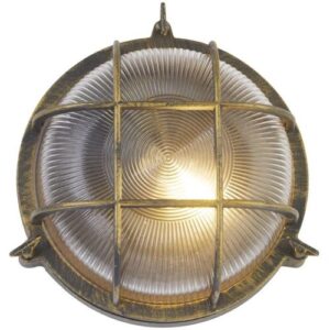 SEARCHLIGHT BULKHEAD ROUND OUTDOOR LIGHT -BLACK GOLD METAL & CLEAR GLASS