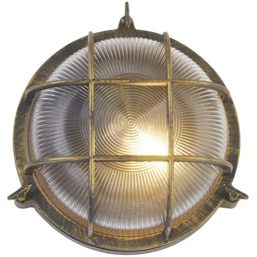 SEARCHLIGHT BULKHEAD ROUND OUTDOOR LIGHT -BLACK GOLD METAL & CLEAR GLASS