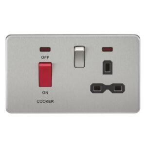 KNIGHTSBRIDGE SCREWLESS 45A DP SWITCH AND 13A SWITCHED SOCKET WITH NEONS - BRUSHED CHROME WITH BLACK INSERT