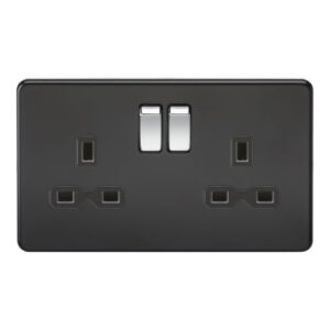KNIGHTSBRIDGE SCREWLESS 13A 2G DP SWITCHED SOCKET - MATT BLACK WITH BLACK INSERT AND CHROME ROCKERS