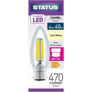 STATUS LED FILAMENT CANDLE 4W=40W BC CLEAR COOL WHITE