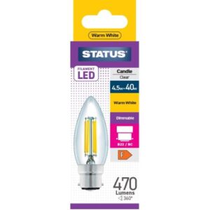 STATUS LED FILAMENT CANDLE 4.5W=40W BC DIM CLEAR W/W
