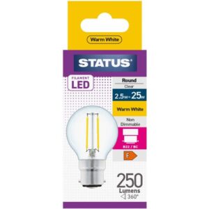 STATUS LED FILAMENT GOLFBALL 2W=25W BC CLEAR W/W