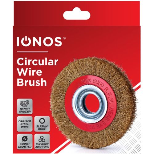 IONOS CIRCULAR WIRE BRUSH - 150MM - CRIMPED STEEL WIRE - REDUCING BUSHES