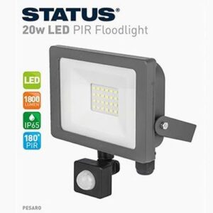 STATUS (PRE-WIRED) 20W=1800LM LED FLOODLIGHT + PIR 6400K BLACK