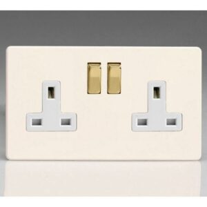 VARILIGHT PRIMED WHITE SCREWLESS 2G 13A SOCKET BRASS SWITCHES WHITE INSERTS