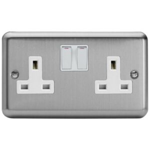 VARILIGHT BRUSHED CHROME 2G 13A SWITCHED SOCKET WHITE INSERTS